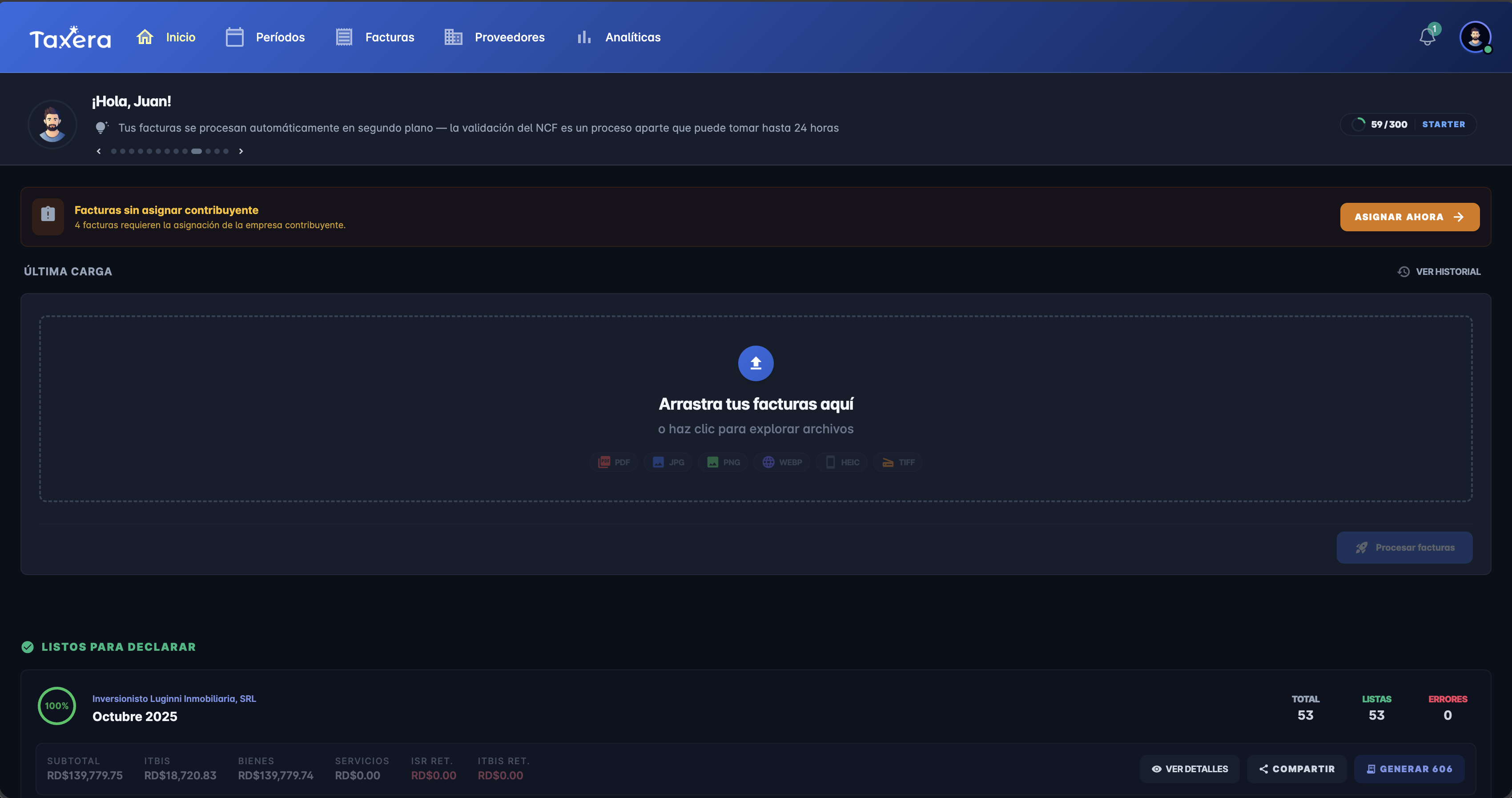 Taxera Dashboard — vista principal de la plataforma de automatización fiscal (modo oscuro)